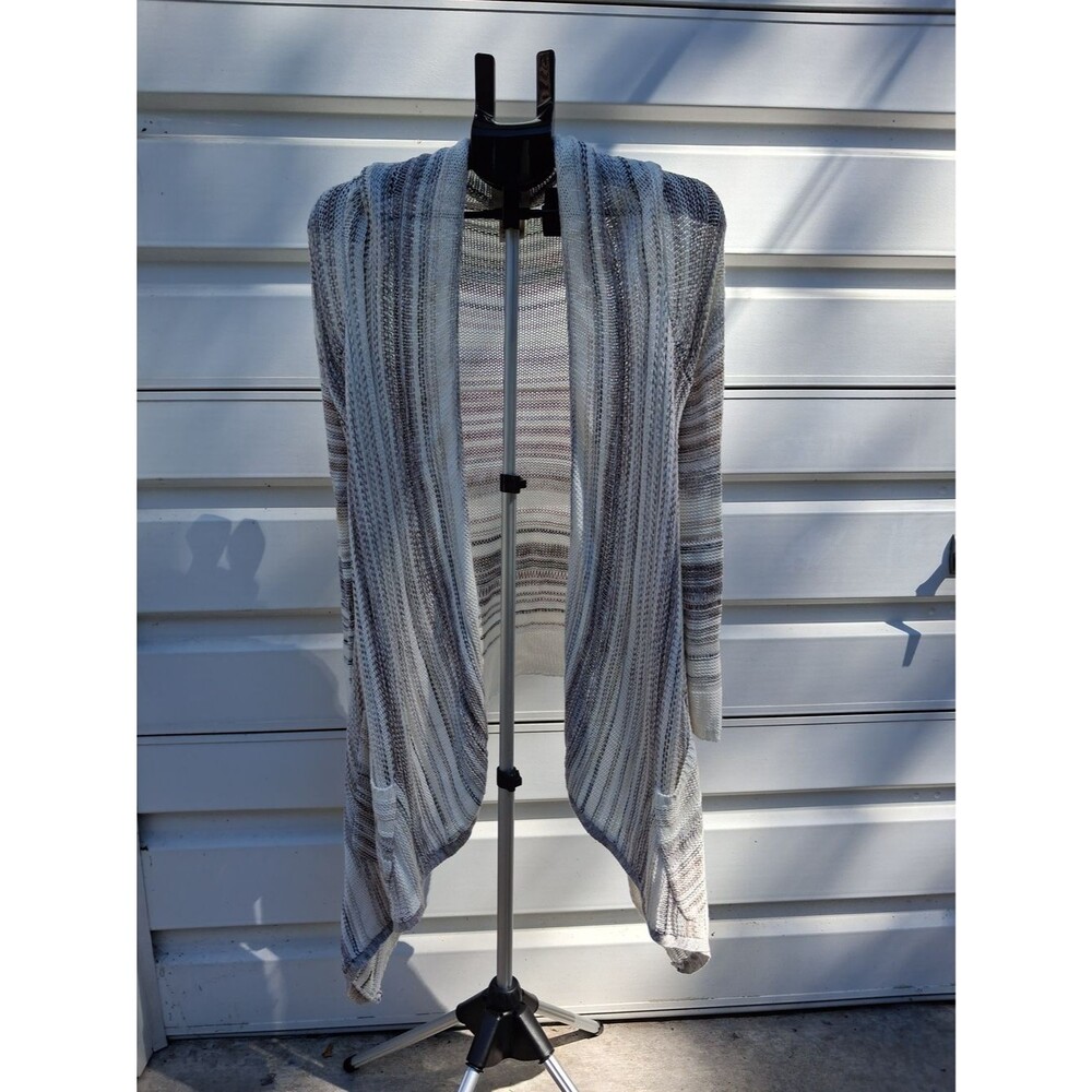 Billabong Open-Front Striped Draped Cardigan in Cream and Gray